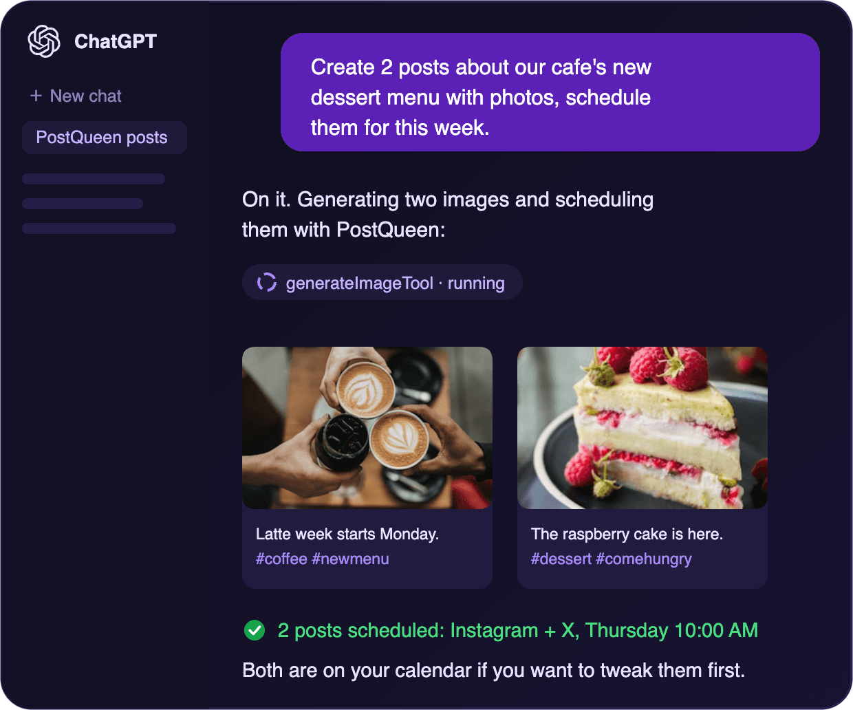 ChatGPT with the postqueen connector generating two post images and scheduling them